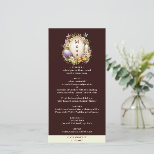 Elegantes Dark Crimson Osterwald Hochzeitsmenü (Stehend Vorderseite)