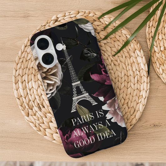 Elegantes Dark Floral Paris Eiffel Tower Zitat Case-Mate iPhone Hülle