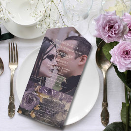 Elegantes Dark Gothic Lila Floral Rose Foto All In One Einladung