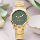 Elegantes Dark Green Leather Texture & Gold Script Armbanduhr<br><div class="desc">Eine elegante Uhr mit einem dunkelgrünen Lederband mit goldenen Schriftzeichen. Dieses elegante Design verbindet Luxus und Stil und bietet ein zeitloses Accessoire,  das jedem Outfit eine Touch Raffinesse verleiht.</div>