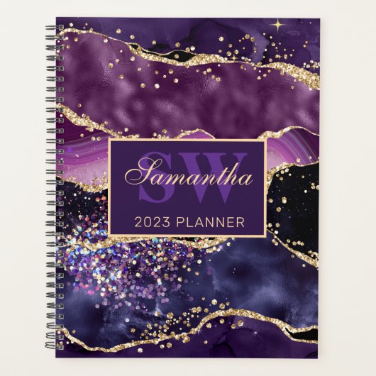 Elegantes Dark Lila & Gold Glitzer Agate Monogram Planer (Vorderseite)