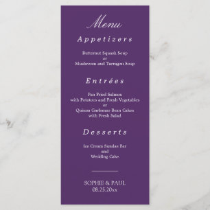 Elegantes Dark Lila Wedding Menu Menükarte