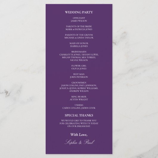 Elegantes Dark Lila Wedding Program (Rückseite)