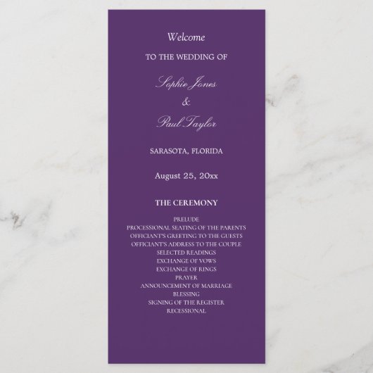 Elegantes Dark Lila Wedding Program (Vorderseite)
