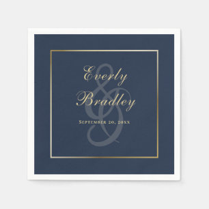 Elegantes Dark Navy Blue Gold Border Script Serviette