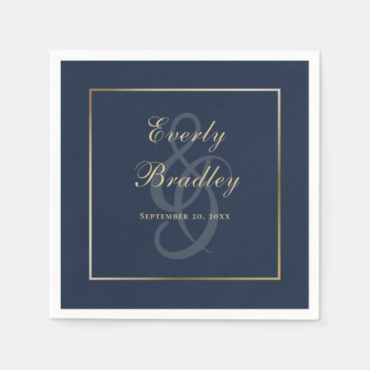 Elegantes Dark Navy Blue Gold Border Script Serviette (Vorderseite)