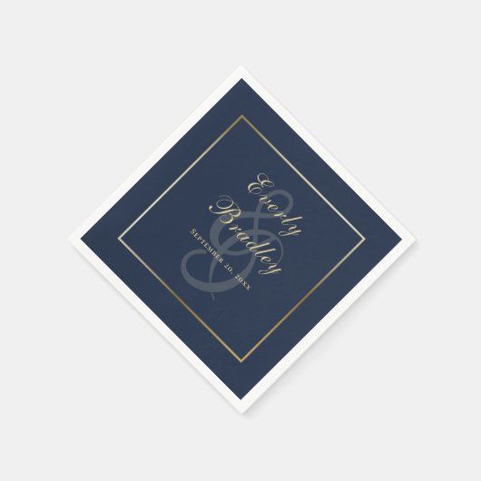 Elegantes Dark Navy Blue Gold Border Script Serviette (Ecke)