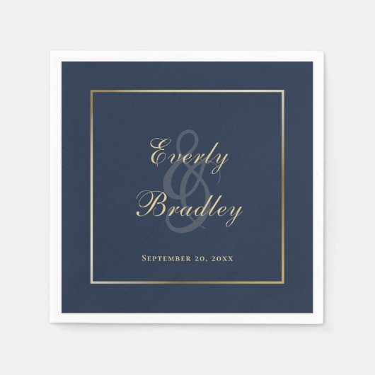 Elegantes Dark Navy Blue Gold Border Script Serviette (Vorderseite)