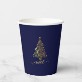 Elegantes Dark Navy Blue & Gold Weihnachtsbaum Wei Pappbecher (Vorderseite)