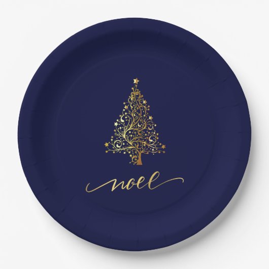 Elegantes Dark Navy Blue & Gold Weihnachtsbaum Wei Pappteller (Vorderseite)