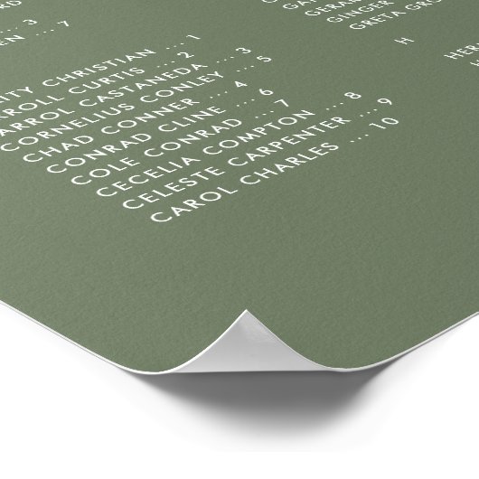 Elegantes Dark Sage Green Alphabetisches Sitzdiagr Poster (Ecke)