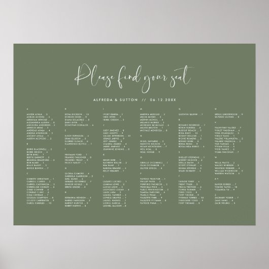 Elegantes Dark Sage Green Alphabetisches Sitzdiagr Poster (Vorne)