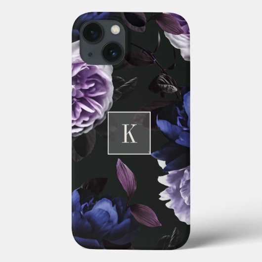 Elegantes Dark Violet Floral Monogramm Case-Mate iPhone Hülle (Rückseite)
