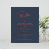 Elegantes Deep Blue Black & Red Wedding Bar Menu (Stehend Vorderseite)