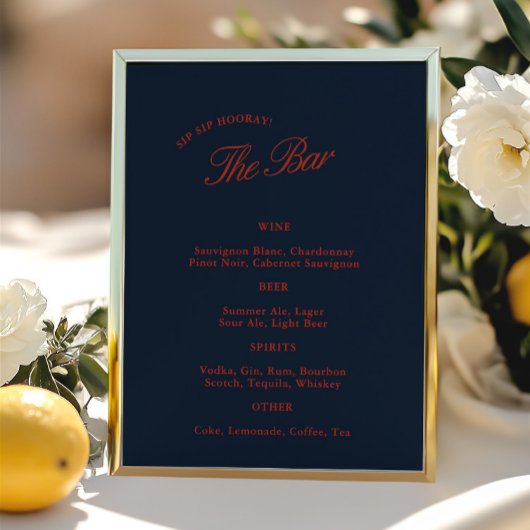 Elegantes Deep Blue Black & Red Wedding Bar Menu