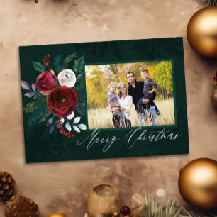 Elegantes Deep Green Floral "Frohe Weihnachten" Fo Einladung