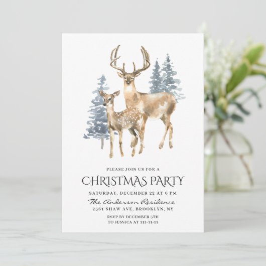 Elegantes Deer Pine Tree Weihnachts-Party Einladung (Stehend Vorderseite)