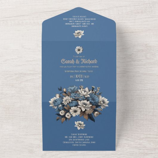 Elegantes Denim & Navy Foto Custom Wedding All In One Einladung (Außenbereich)