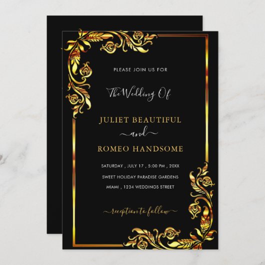 Elegantes Design Black Gold Hochzeit Einladung (Vorne/Hinten)