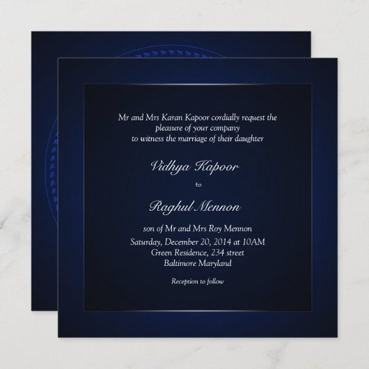 Elegantes Design Blaue Hochzeit Einladung (Vorne/Hinten)
