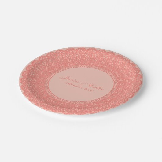 Elegantes Design für Korallen und Pfirsich Pappteller (Schrägansicht)