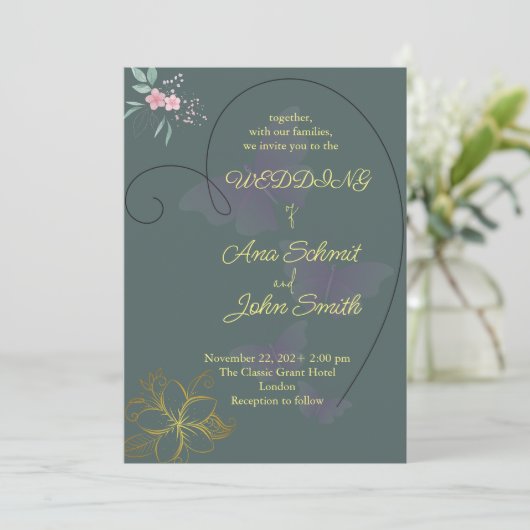 Elegantes Design mit Blumen und Herz-Hochzeitskart Einladung (Stehend Vorderseite)
