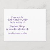 Elegantes Diamantenherz Save the Date lila Ankündigungspostkarte (Rückseite)