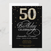 Elegantes Diamantgold schwarz 50. Geburtstag Einladung (Vorne/Hinten)