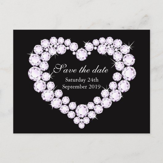 Elegantes Diamantherz Save the Date schwarz-weiß Ankündigungspostkarte (Vorderseite)