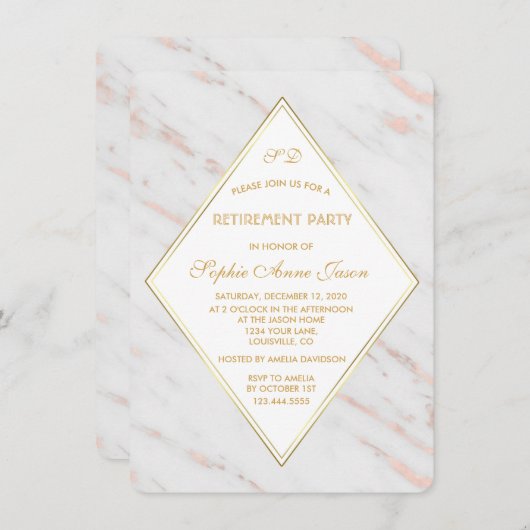 Elegantes Diamond Rose Gold Marble Retirement Part Einladung (Vorne/Hinten)