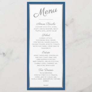 ELEGANTES DINNER-MENÜ moderne Rezeption blau grau Menükarte