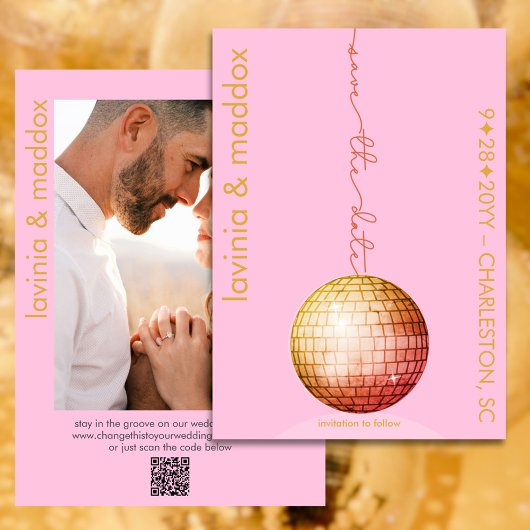 Elegantes Disco Ball Foto Pink Gold QR Code Hochze Save The Date