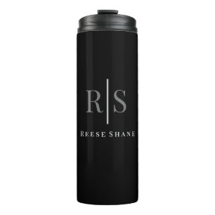 Elegantes DIY graues Monogramm & weißer Name, Schw Thermosbecher