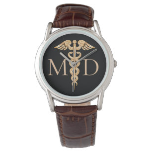 Elegantes Doctor Caduceus Symbol Black Brown Leder Armbanduhr