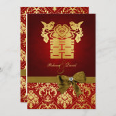 Elegantes doppeltes Glück in Rot und Gold Einladung (Vorne/Hinten)