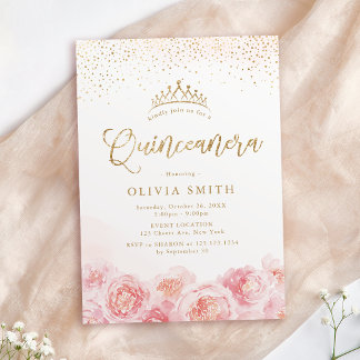 Elegantes Drehbuch Gold & Blütenblüte Quinceanera Einladung