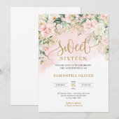 Elegantes Drehbuch pastellrosa Rosen 16 . Geburtst Einladung (Vorne/Hinten)