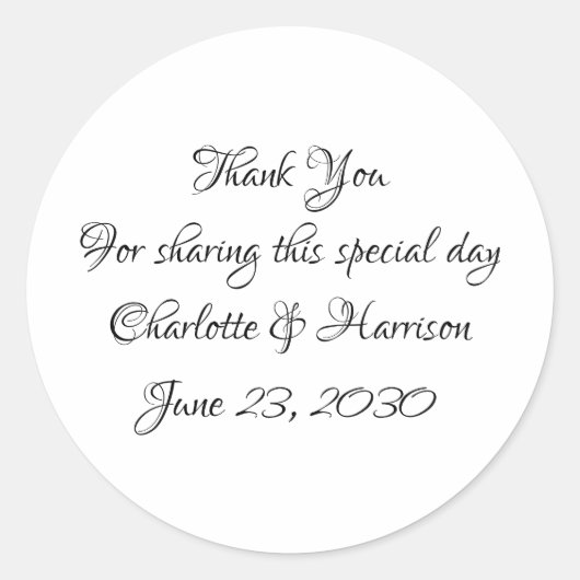 Elegantes Drehbuch Schwarz-weiße Hochzeitsgeschenk Runder Aufkleber (Vorderseite)