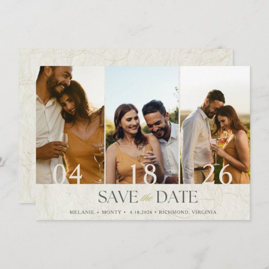 Elegantes Drei-Foto-Hochzeit speichern Sie das Dat Save The Date (Vorne/Hinten)