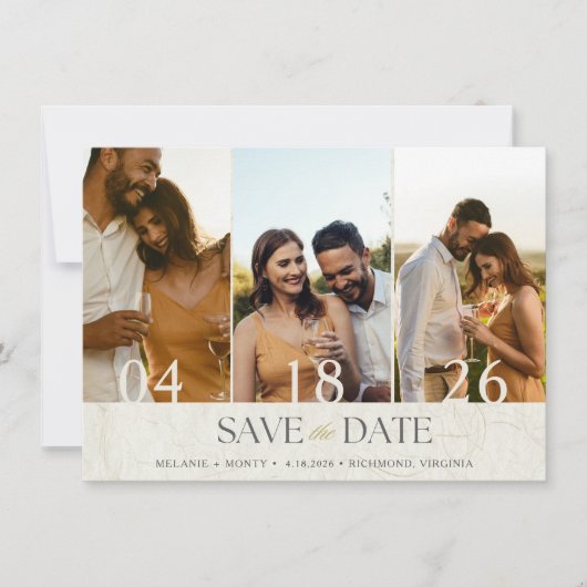 Elegantes Drei-Foto-Hochzeit speichern Sie das Dat Save The Date (Vorderseite)
