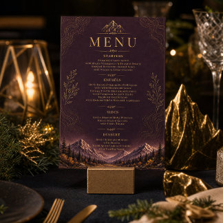 Elegantes Dunkel-Pflaume-Berg-Gold-Hochzeitsmenü Einladung
