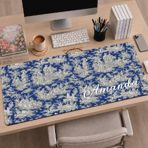 Elegantes dunkelblaues Vintage-Toile-Monogramm Schreibtischunterlage