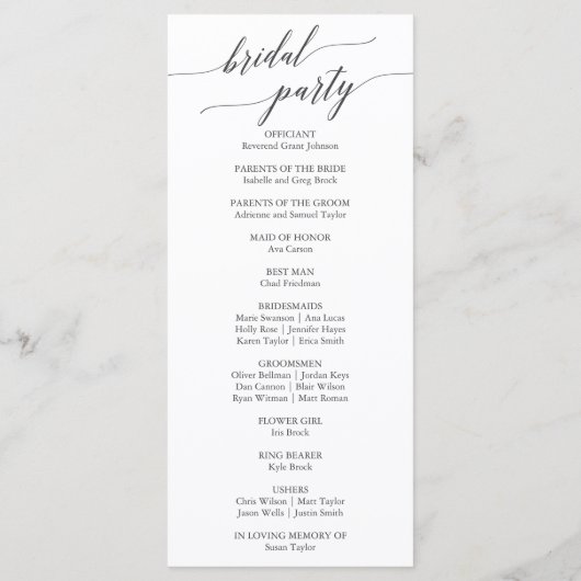 Elegantes Dunkelgrau-Kalligrafisches Hochzeitsprog Programm (Rückseite)