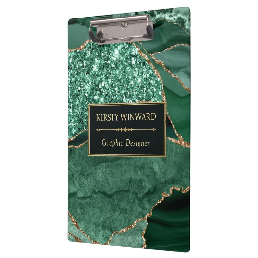 Elegantes Dunkelgrün und Gold Glitzer Ocean Agate Klemmbrett (Links)