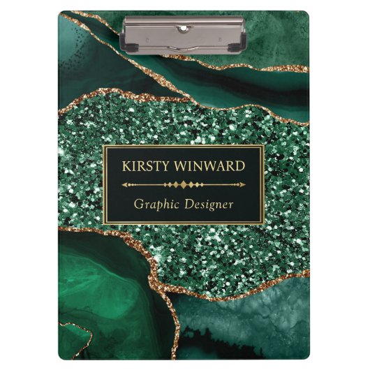 Elegantes Dunkelgrün und Gold Glitzer Ocean Agate Klemmbrett (Vorderseite)
