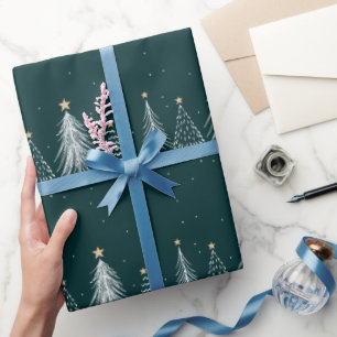 Elegantes Dunkelgrün-Weiß-Weihnachtsbäume-Muster Geschenkpapier