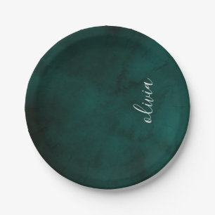 Elegantes dunkelgrünes Wasserfarben-Monogrammpapie Pappteller