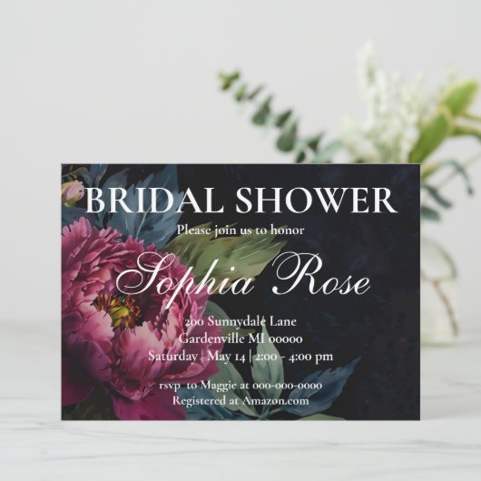 Elegantes dunkelrosa blumengeschmücktes HochzeitsB Einladung (Stehend Vorderseite)