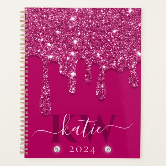 Elegantes dunkelrosa Dripping Glitzer Monogram Planer (Vorderseite)