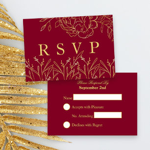 Elegantes Dunkelrot mit goldenen skizzierten Blume RSVP Karte